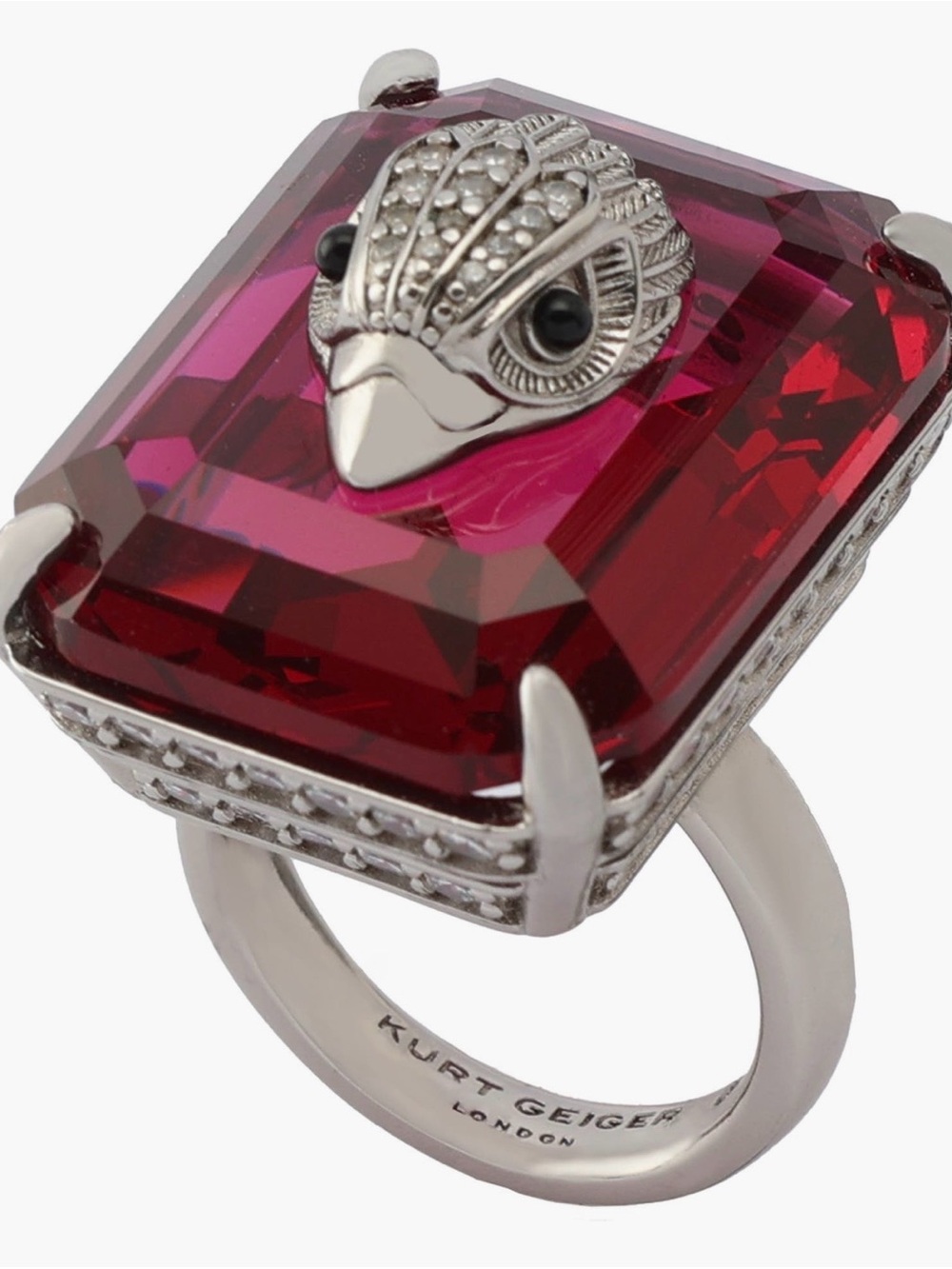 Kurt Geiger Silver-Tone Ring with Deep Red Faceted Crystal and Bird Detail